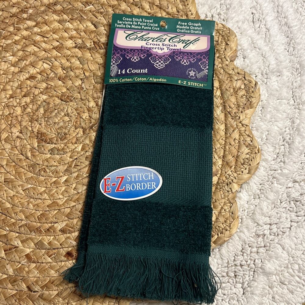 Vintage NEW Charles Craft Cross Stitch Fingertip Hand Towel Dark Green 14 Count